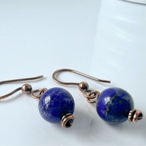 BLUE Lapis Beaded Wire Wrap Copper Minimalist Earrings
